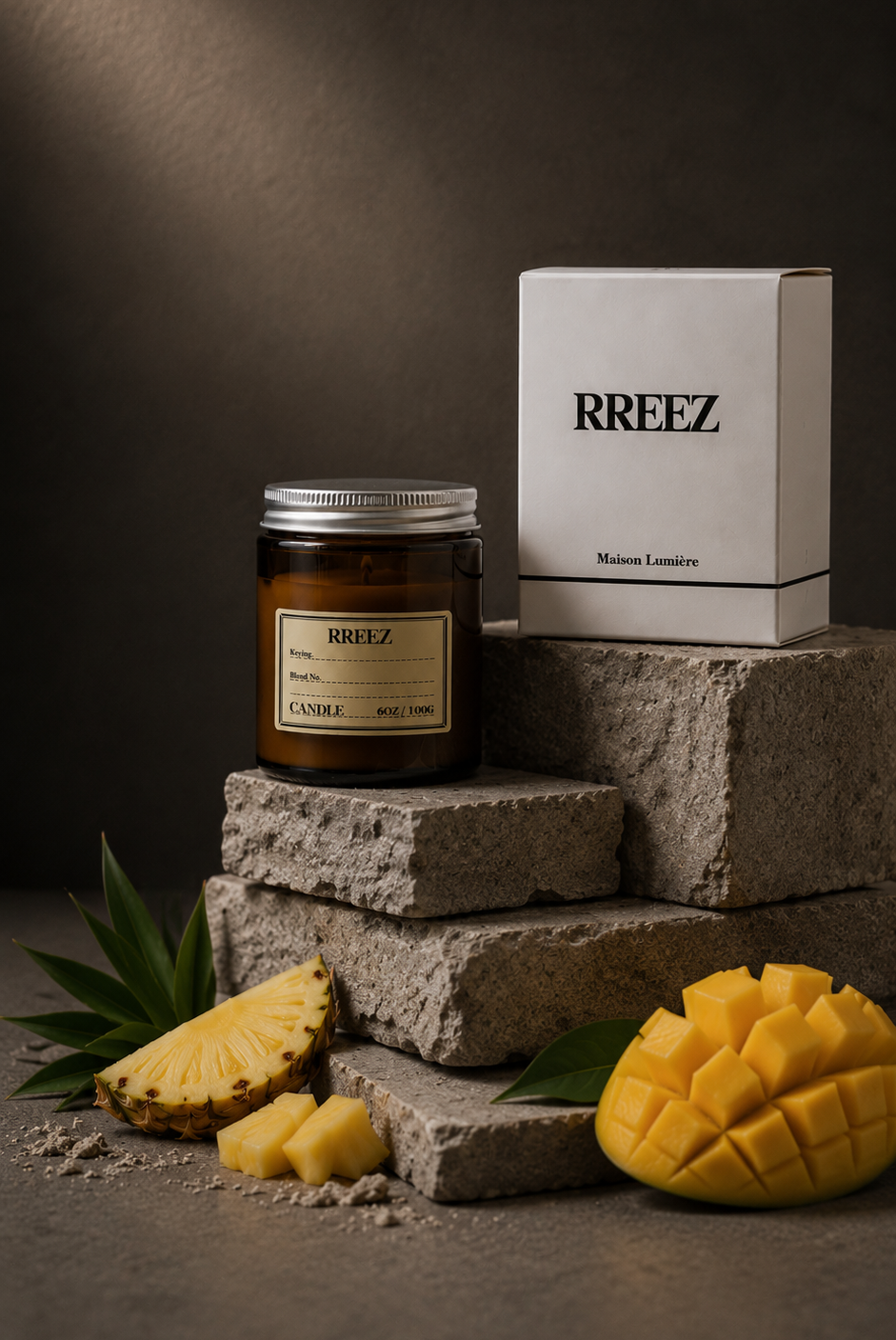 Pineapple & Aruba Mango Scented Candle in an amber glass jar
